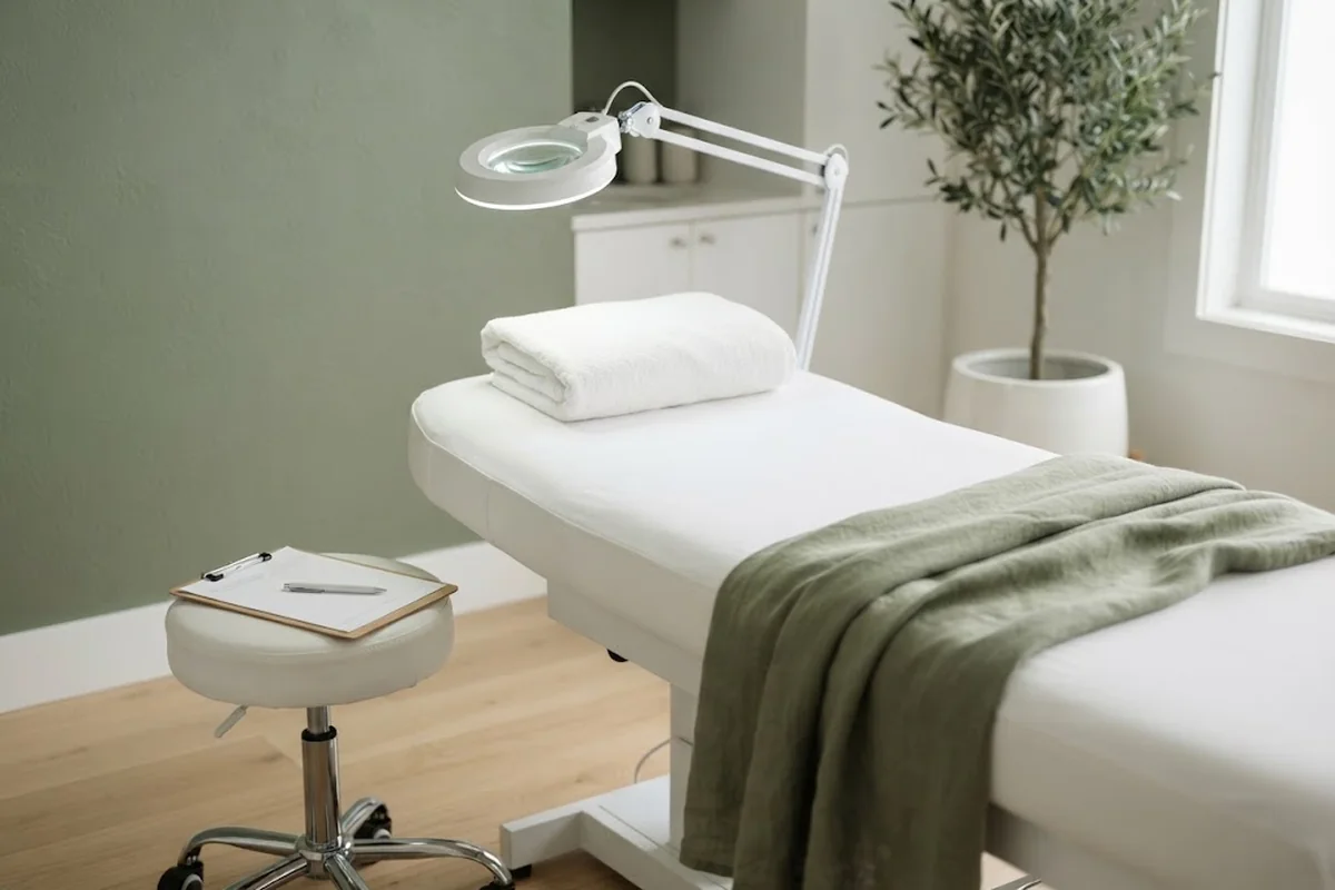 Draped towel, magnifying lamp and consultation notes in a private treatment room in Irvine CA