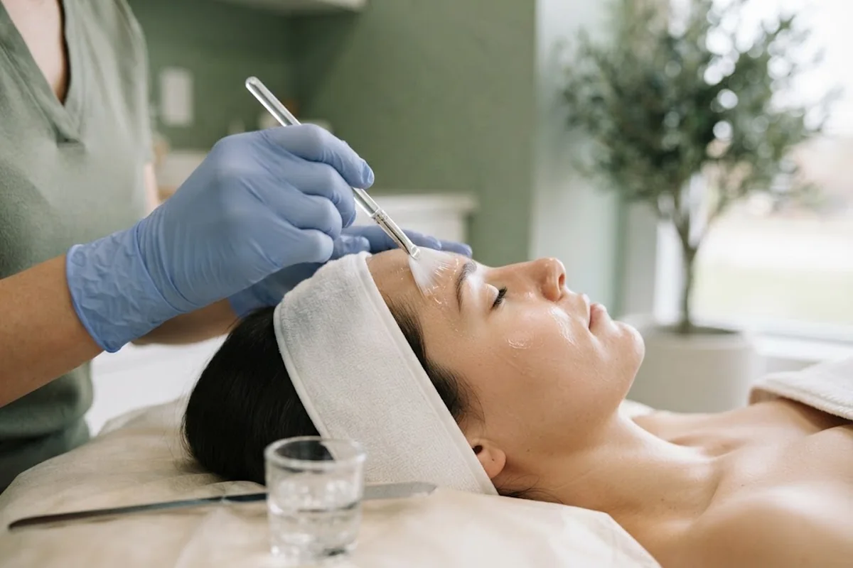 Brush applying a clear peel solution along a client forehead in an Irvine CA treatment room