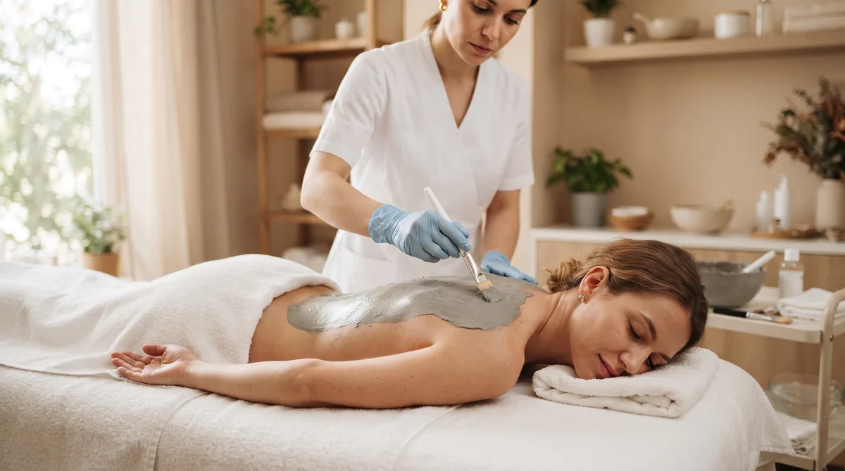 Clay mask applied to the upper back during a back acne treatment in Irvine CA
