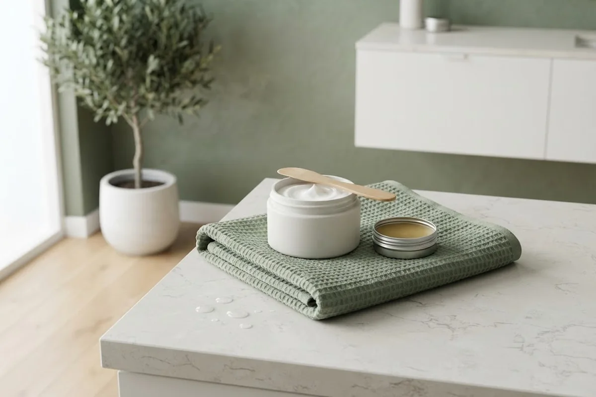 Open cream jar and small balm tin with a spatula on a sage-green towel in an Irvine CA studio