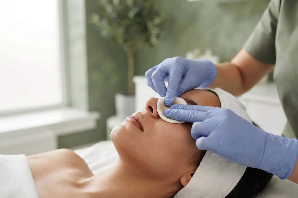 Close crop of a practitioner in nitrile gloves gently cleansing the side of a client nose in an Irvine CA studio