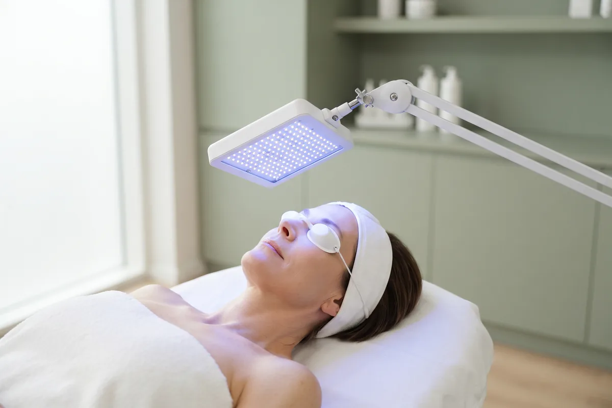 Blue LED light therapy panel over a treatment bed with protective eyewear, Irvine CA studio