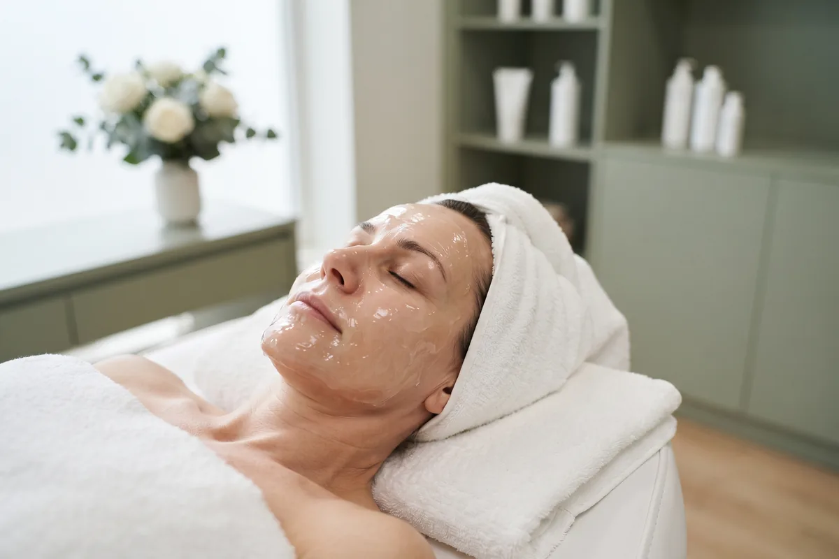 Client relaxing during a hydrating facial in a calm treatment room, Irvine CA