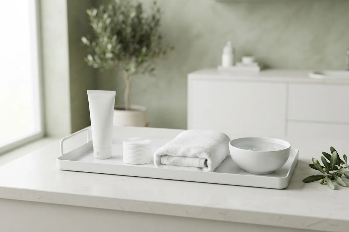 Gentle cleanser, clean cotton pads and an unlabeled soothing gel tube on a white tray in an Irvine CA studio