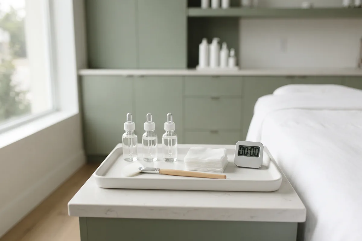 Chemical peel bottles, brush and gauze arranged on a tray, Irvine CA skin care studio