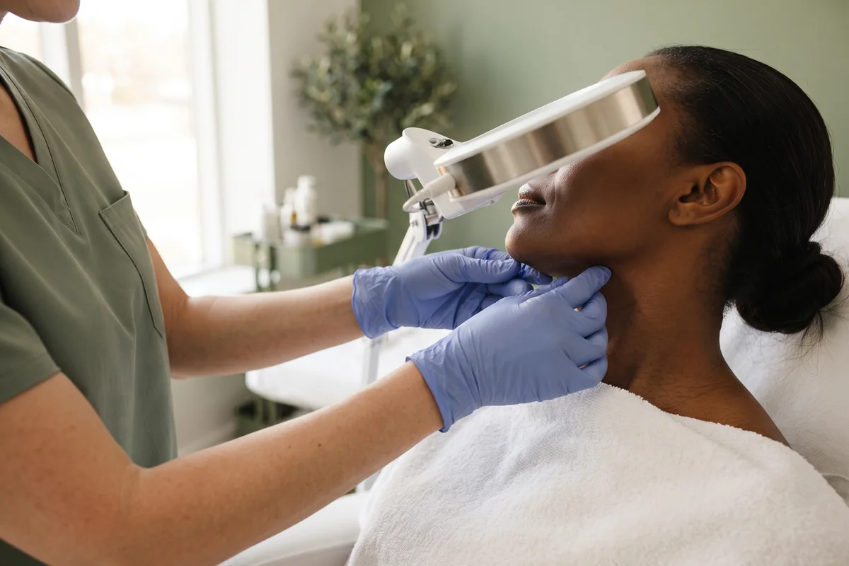 Electrologist reviewing skin tone and hair with a magnifying lamp during a consultation in Irvine CA