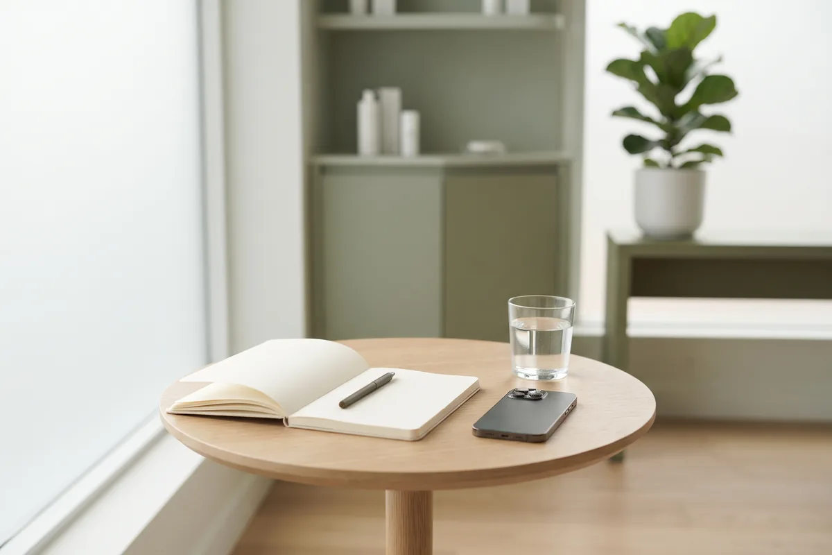 Notebook, pen and phone on a table by a window for tracking hair growth photos in an Irvine CA studio
