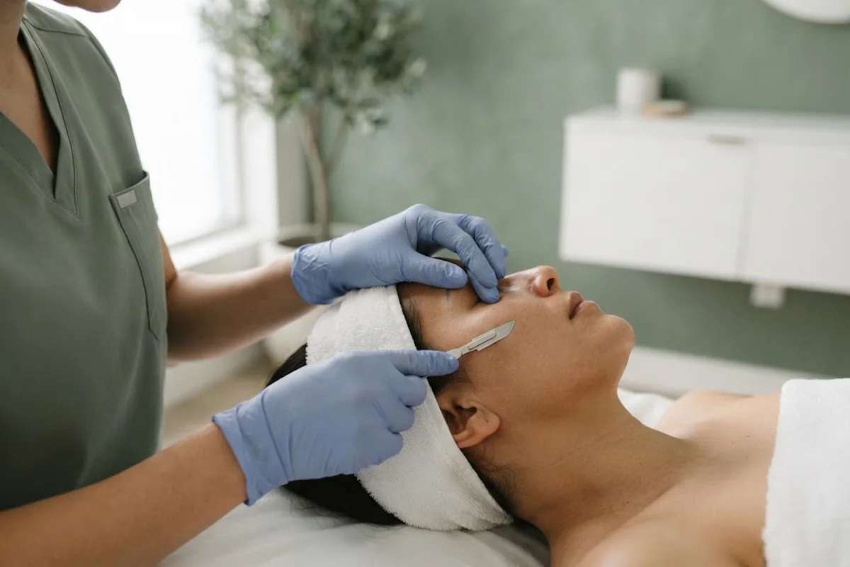 Gloved hand holding a dermaplaning blade at an angle near a cheek in an Irvine CA treatment room