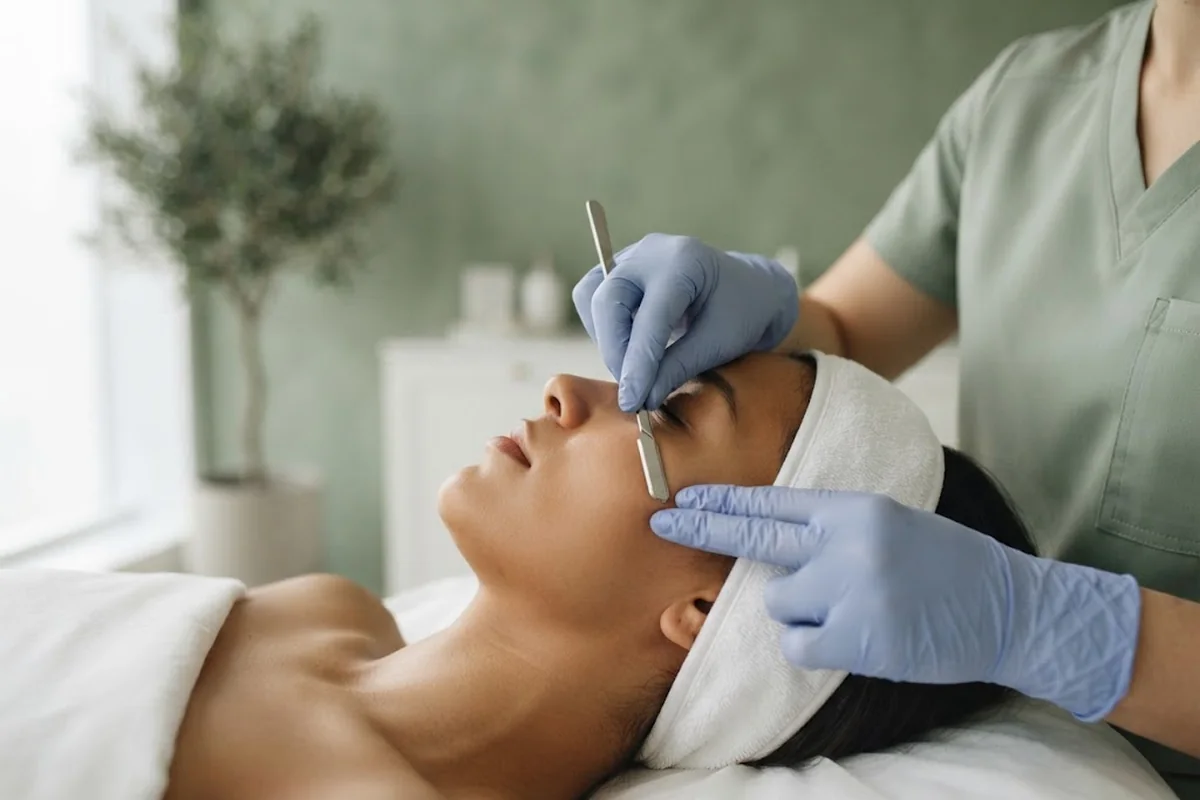 Practitioner in nitrile gloves dermaplaning a client cheek with short feathering strokes in an Irvine CA treatment room
