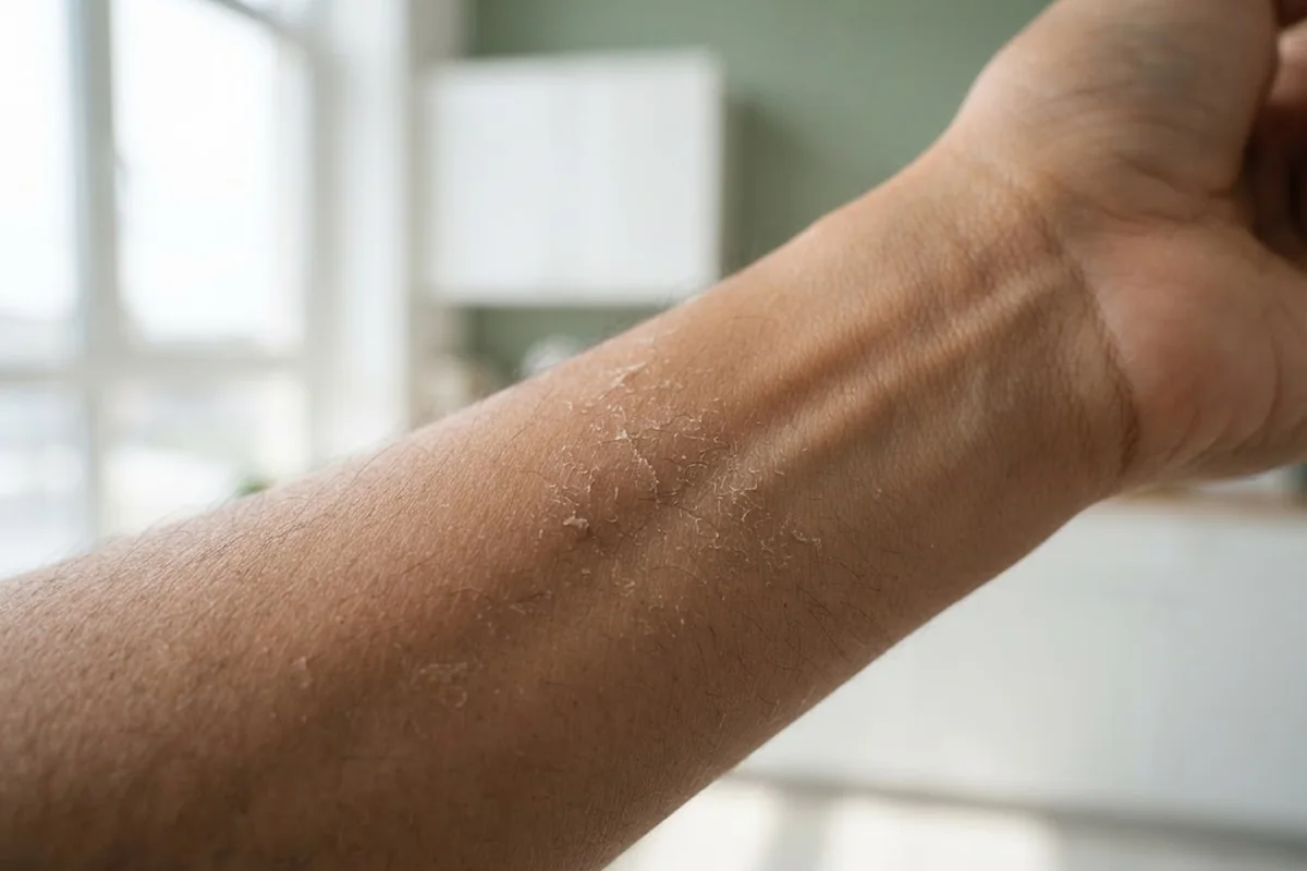 Close-up of dry skin with light flaking on an adult forearm in soft light, Irvine CA
