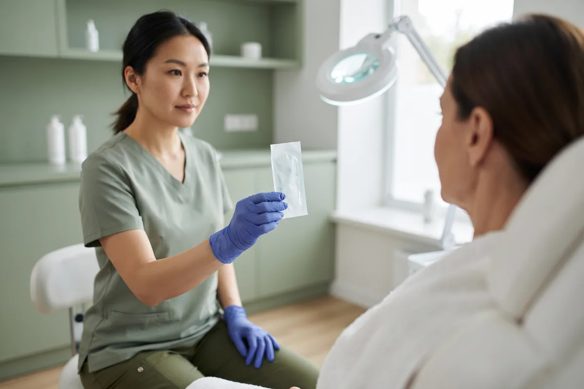 Sealed single-use probe shown to a client - Real Skin Beauty, Irvine CA Electrologist showing a client a sealed single-use probe before an electrolysis session in an Irvine CA studio