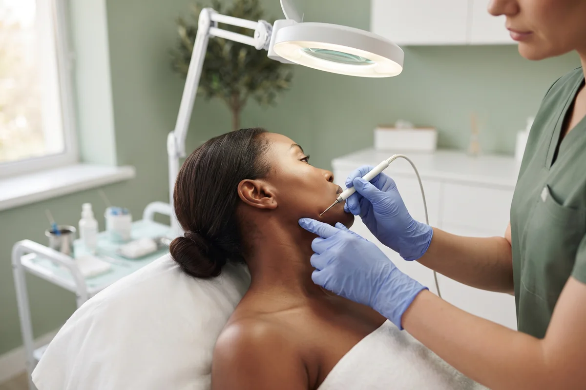 Gloved hands treating the jawline of a woman with dark brown skin using a fine electrolysis probe in an Irvine CA studio