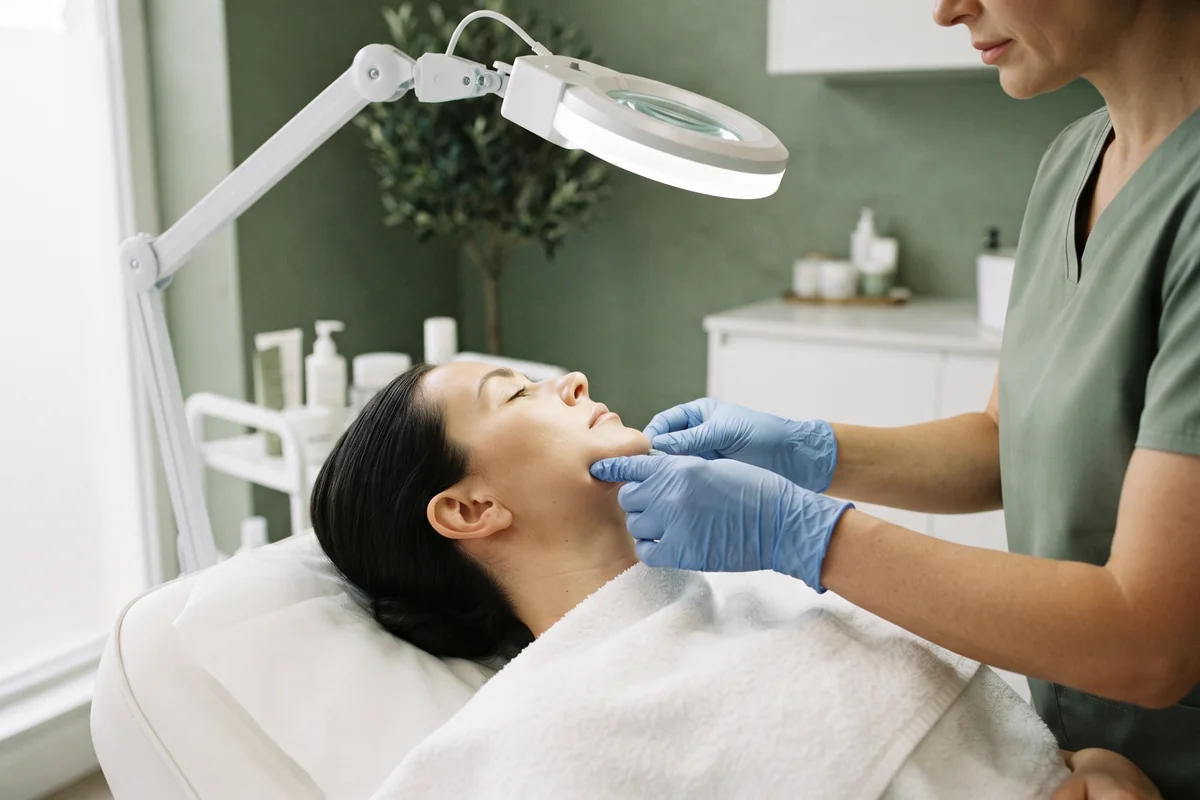 Electrologist checking a treated chin area under a magnifying lamp during a follow-up visit in an Irvine CA studio