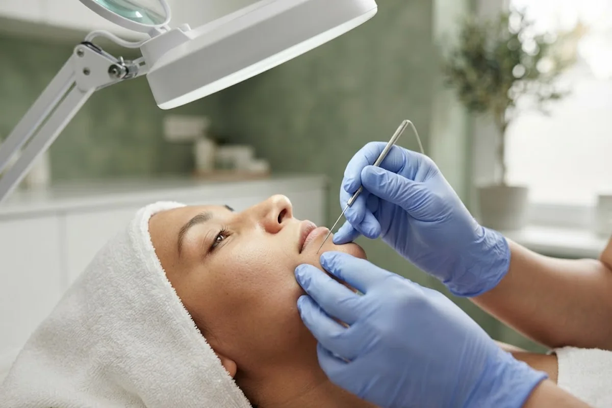 Magnifying lamp and gloved hand with fine electrolysis probe near a client's chin in an Irvine CA studio