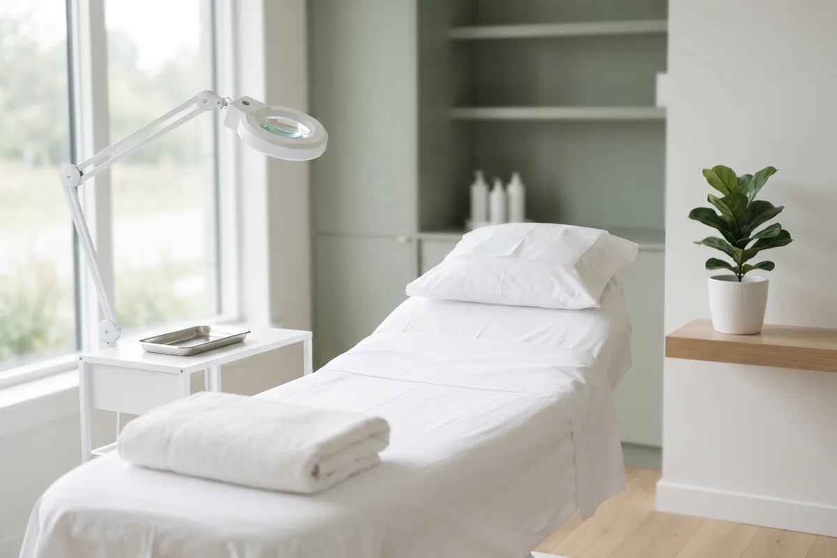 Magnifying lamp on an articulating arm beside a window with soft daylight in an empty Irvine CA treatment room