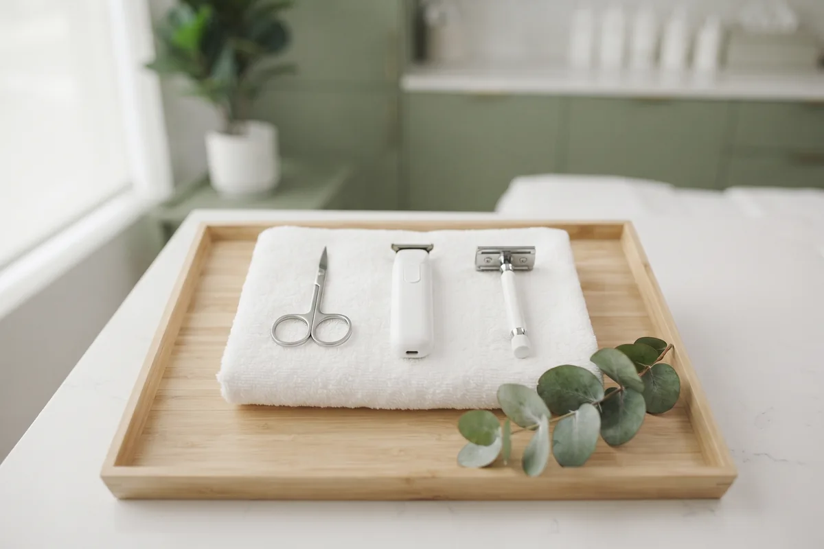 Small scissors, electric trimmer and a clean razor laid out on a white towel before an electrolysis appointment in Irvine CA