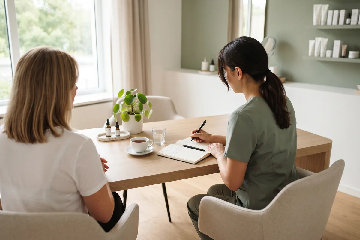 Electrolysis consultation and price discussion at a studio desk in Irvine CA