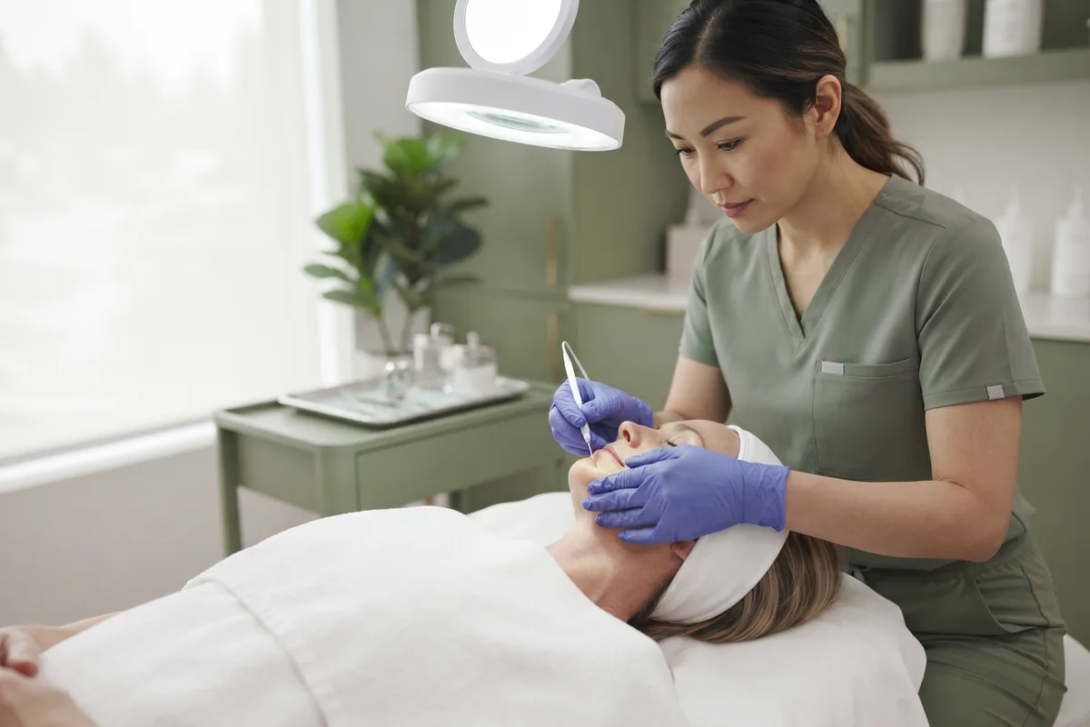 Electrologist in nitrile gloves treating jawline hair with a fine probe under a magnifying lamp in Irvine CA