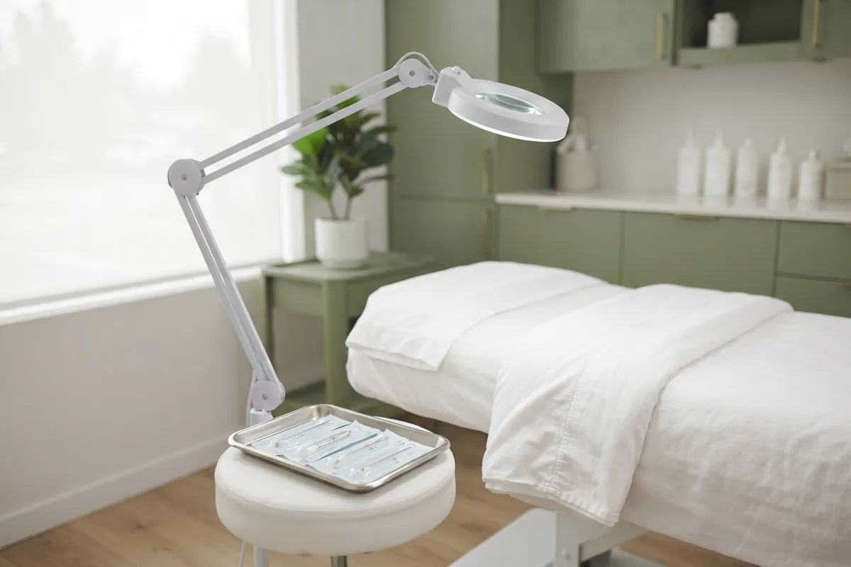 Prepared electrolysis treatment room with magnifying lamp, sterile tray and white towel in an Irvine CA studio
