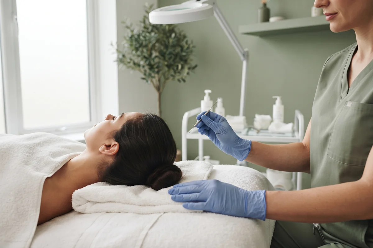 Electrologist in nitrile gloves pausing treatment near a client upper lip area while the client breathes and relaxes in an Irvine CA studio