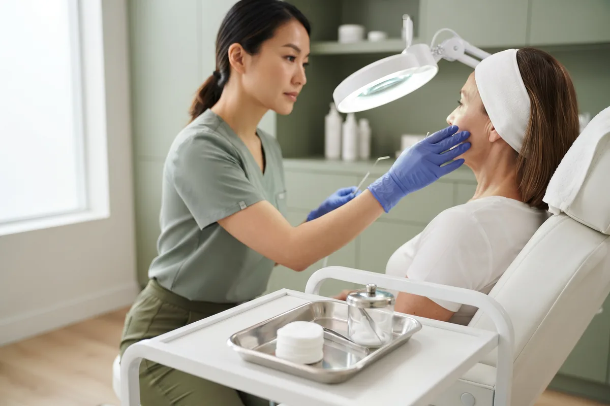 Esthetician examining facial skin with a magnifying lamp during a skin analysis, Irvine CA