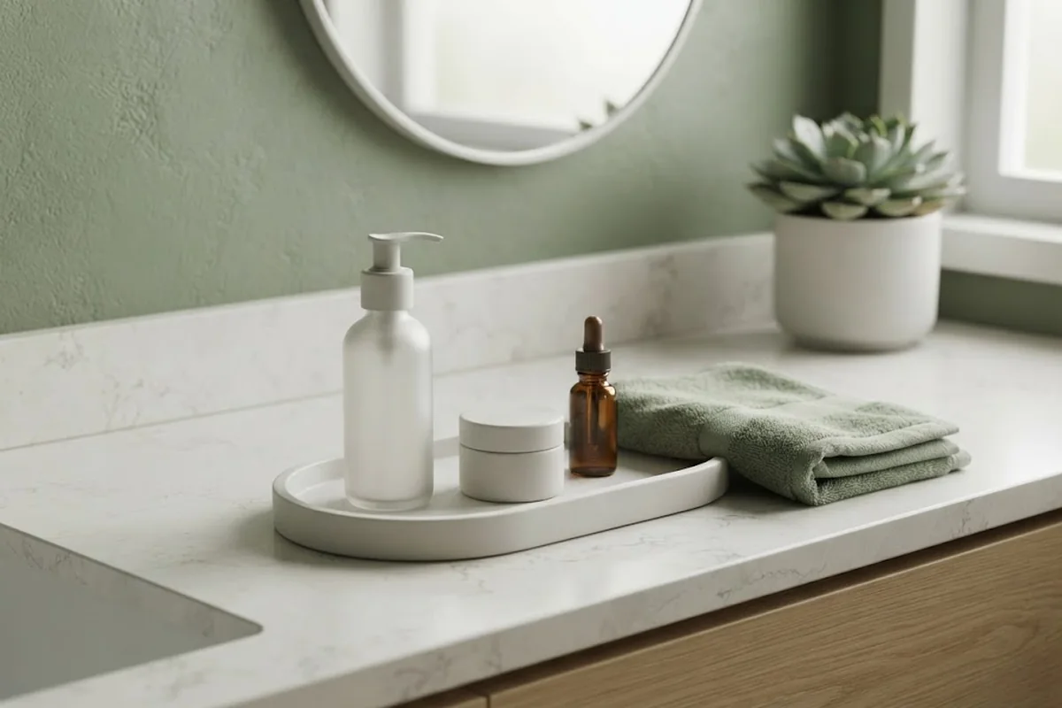 Simple evening skin care routine on a bathroom shelf with cleanser, moisturizer and a small serum bottle in Irvine CA