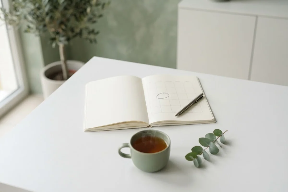 Open paper planner with a circled event date and a pen beside a cup of tea in an Irvine CA studio