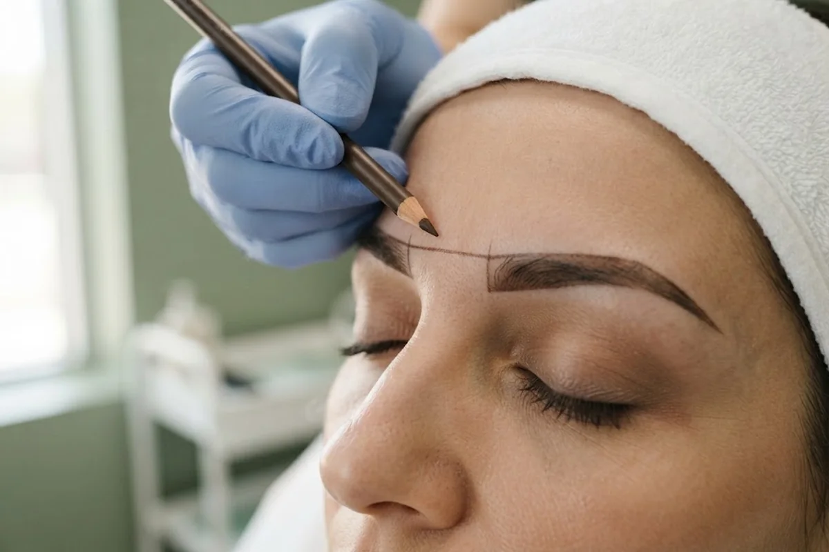 Brow mapping with a pencil along the arch of an eyebrow before electrolysis shaping in an Irvine CA studio