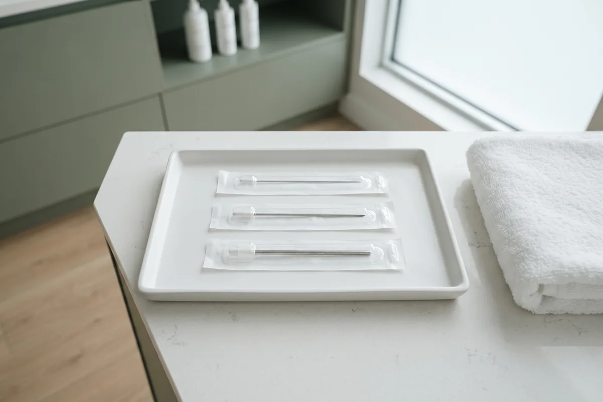 Three sterile single-use electrolysis probes of different fineness laid on a white tray in an Irvine CA studio