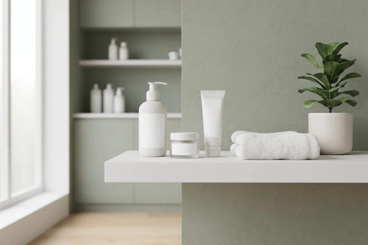 Gentle cleanser, fragrance-free moisturizer and sunscreen bottle on a white shelf in an Irvine CA studio