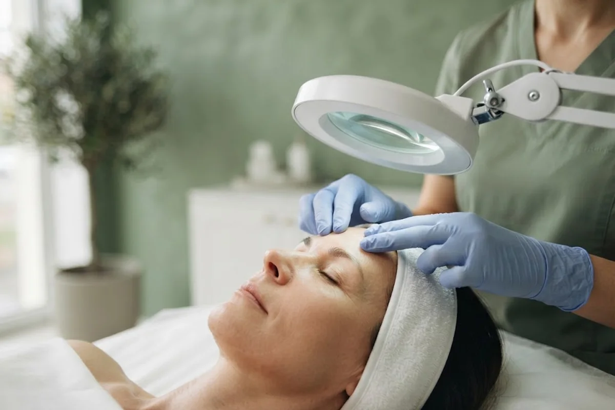 Practitioner hands in nitrile gloves examining a client forehead under a magnifying lamp in an Irvine CA studio