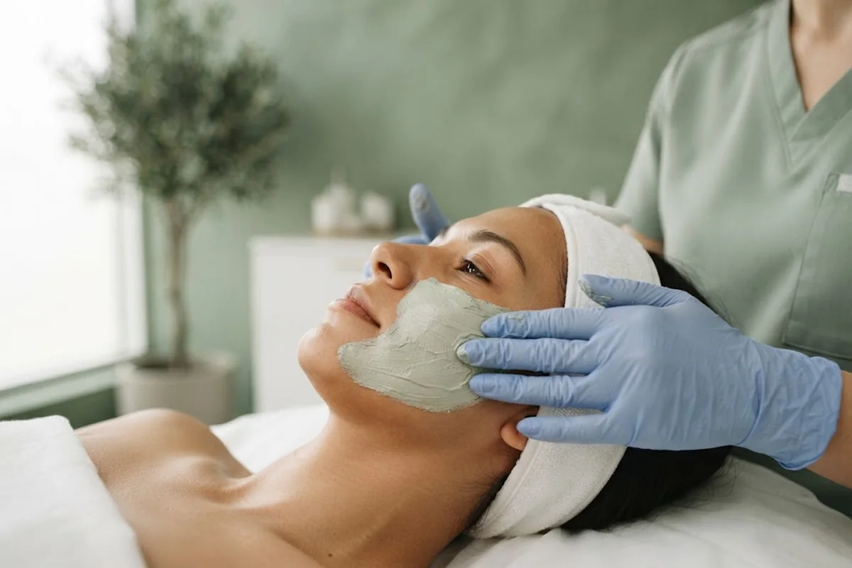 Practitioner in nitrile gloves smoothing a calming mask across the cheek of a client in an Irvine CA treatment room