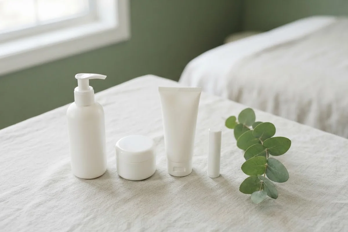 Flat lay of a gentle cleanser, fragrance-free moisturizer, sunscreen tube and lip balm on a linen cloth in an Irvine CA studio