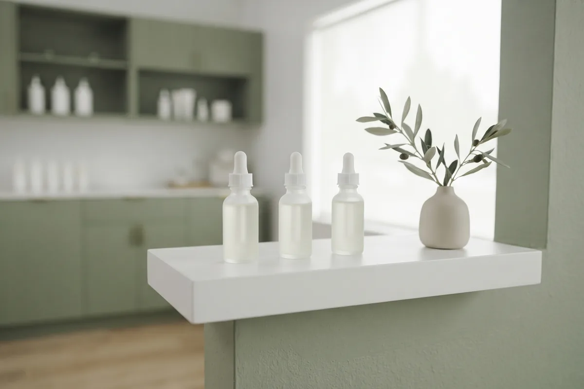 Three peel solution bottles for glycolic, lactic and mandelic acid lined up on a white shelf in an Irvine CA esthetics studio