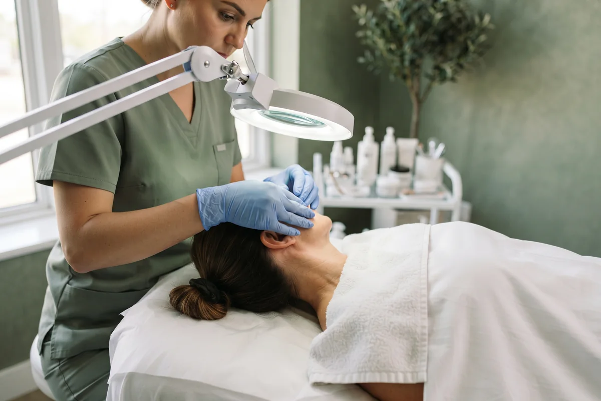 Electrologist examining a few fine facial hairs under a magnifying lamp in an Irvine CA treatment room
