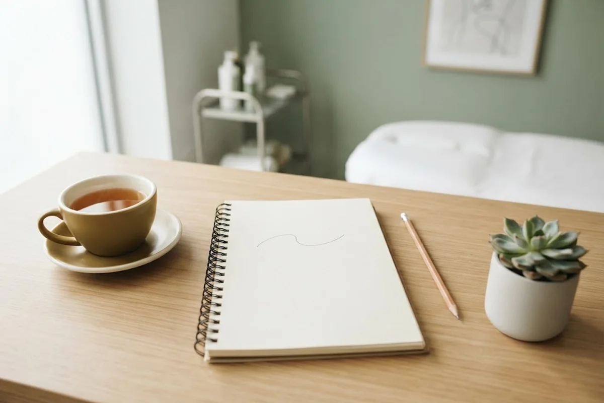 Open blank notebook with a hand-drawn three-phase curve and a pencil on a white table in an Irvine CA studio