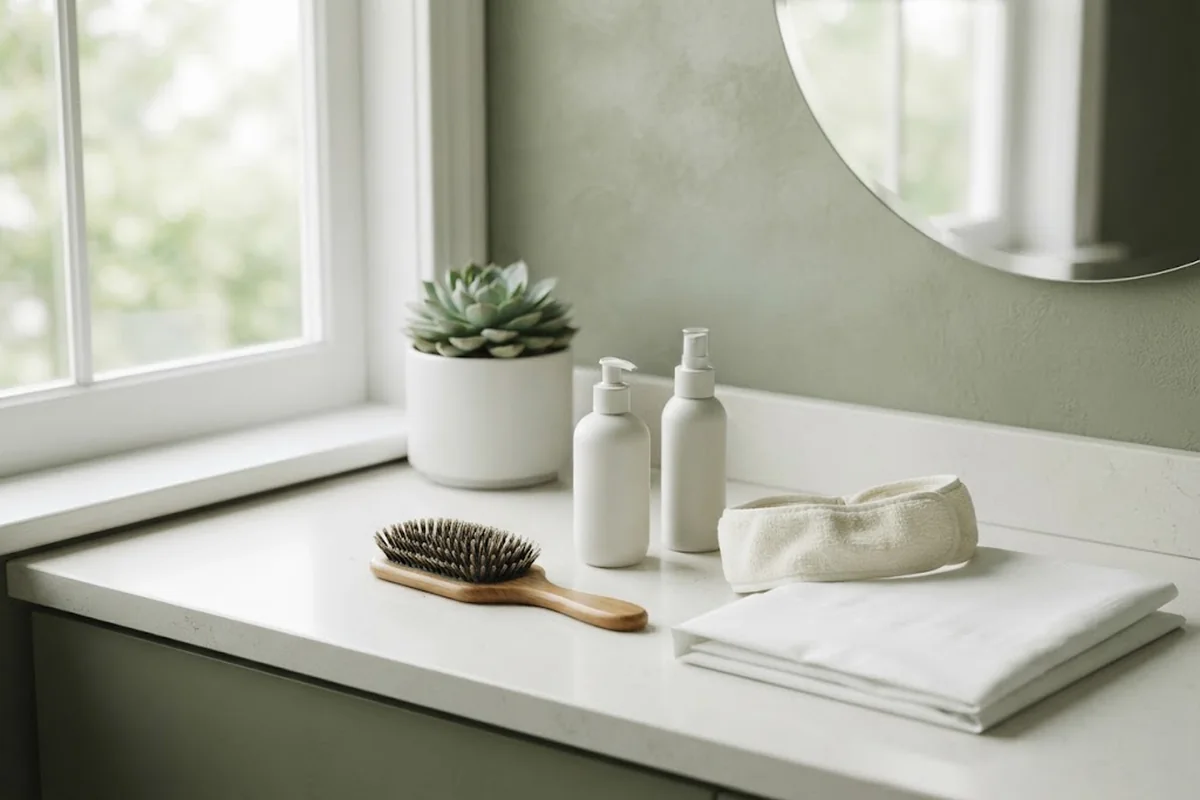 Hair brush, unbranded styling bottles and a cotton headband on a vanity in a home bathroom in Irvine CA