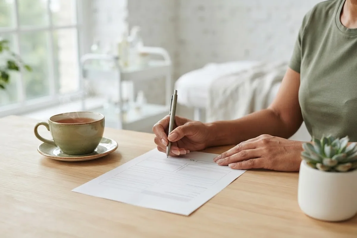 Adult woman's hands holding a printed lab report and pen beside a cup of tea at a bright window in Irvine CA