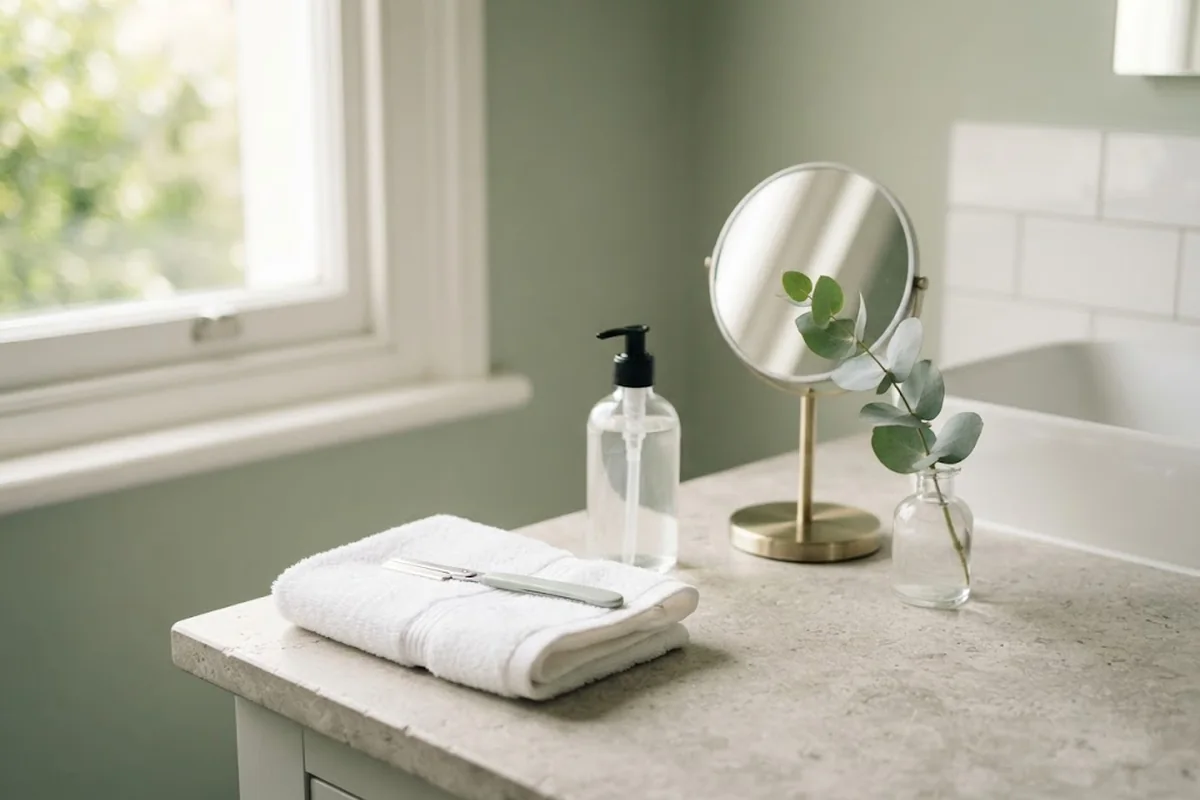 Small facial razor, soft towel and gentle cleanser on a bathroom counter for home peach fuzz removal in an Irvine CA home