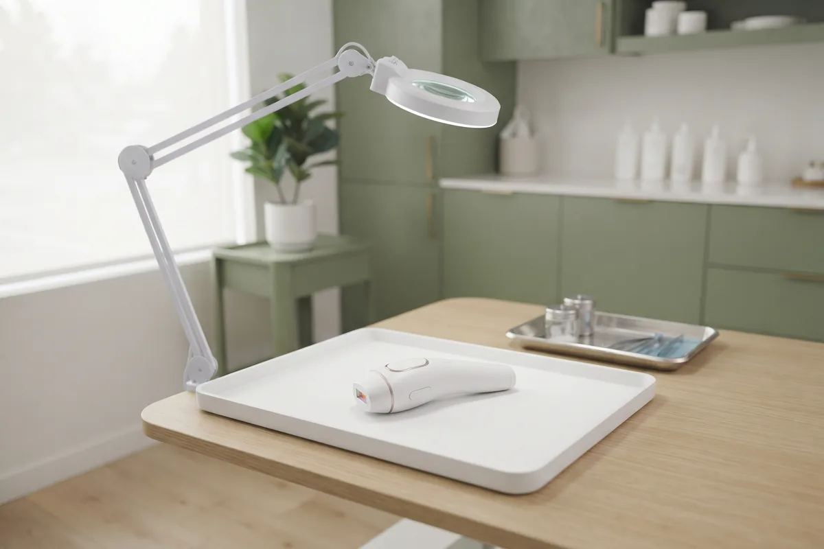 At-home device vs professional electrolysis equipment - Real Skin Beauty, Irvine CA Handheld at-home hair removal device next to professional electrolysis equipment on a clean studio tray in Irvine CA