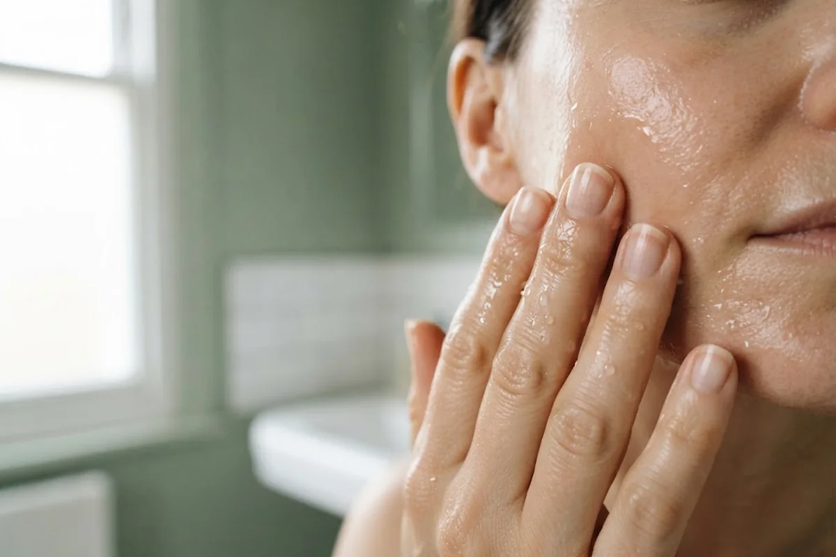 Fingertips pressing a clear serum into slightly damp cheek skin, Irvine CA