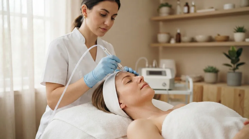 Hydradermabrasion handpiece used on the forehead during a facial in Irvine CA