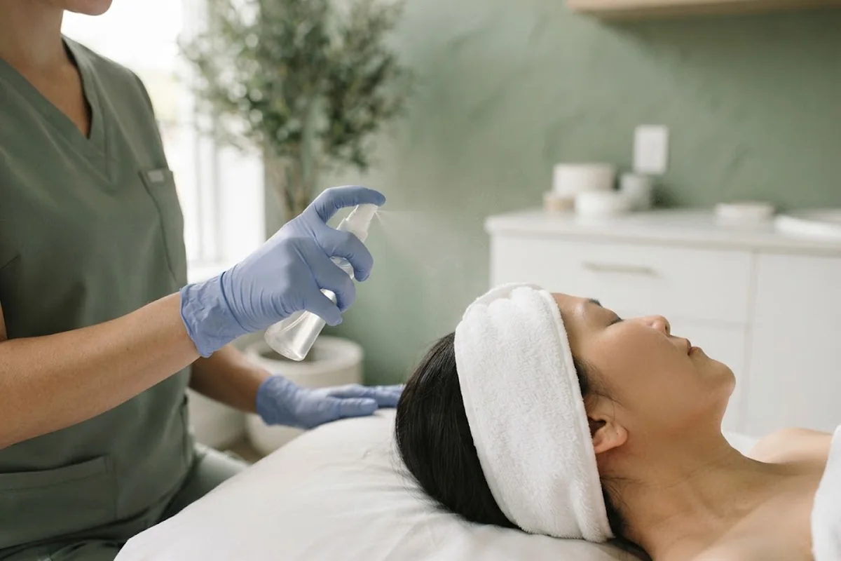 Esthetician misting a client face with water spray during a hydrating facial in an Irvine CA studio