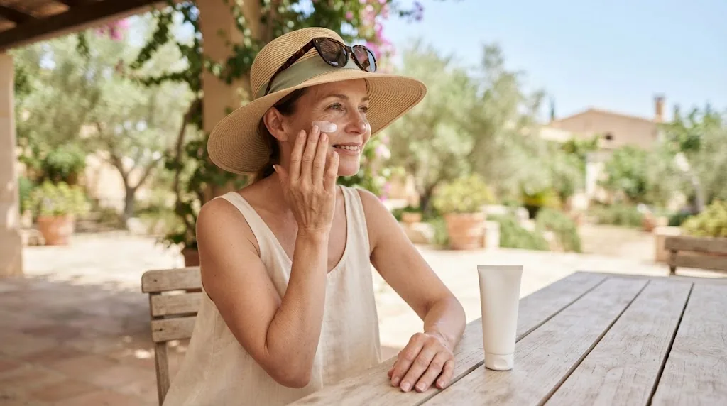 Woman in a sun hat applying sunscreen to prevent melasma Irvine CA