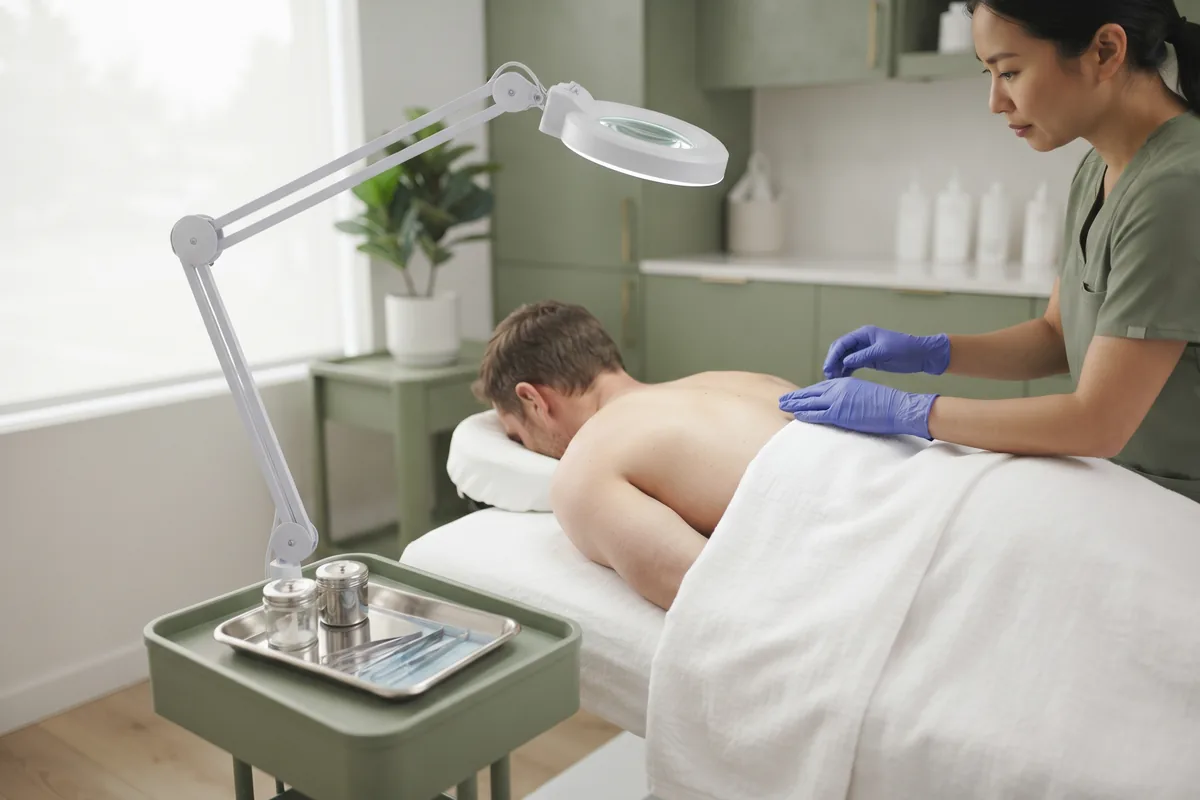 Back and shoulder electrolysis session - Real Skin Beauty, Irvine CA Back and shoulder electrolysis session for a male client, draped with a towel, Irvine CA