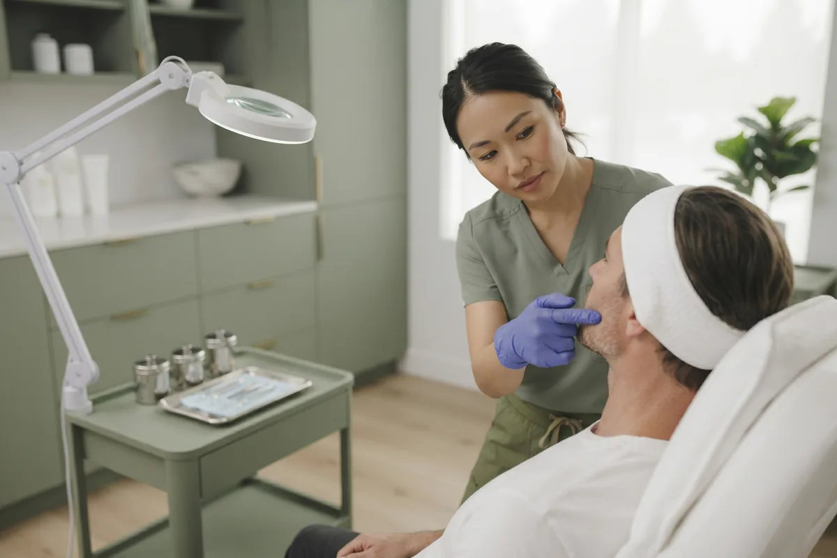 Electrologist reviewing a man's beard line and neckline during an electrolysis consultation in Irvine CA