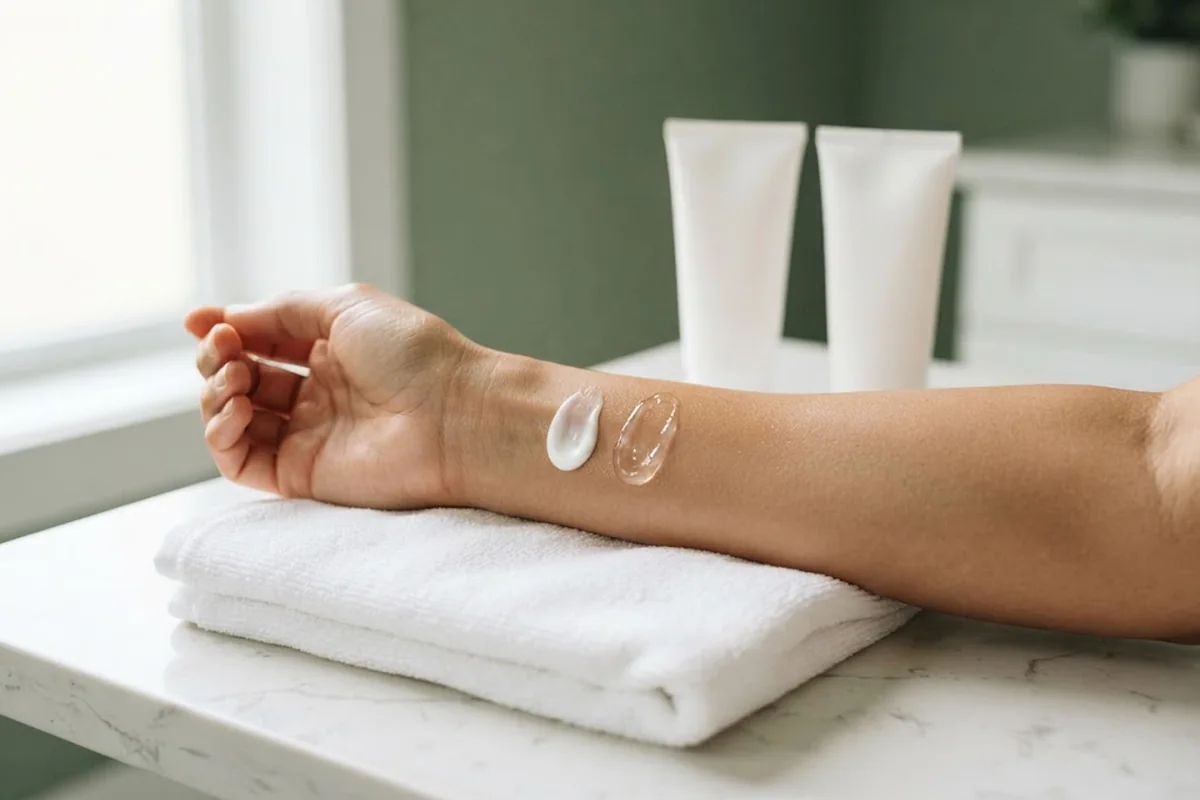 Two sunscreen swatches on a forearm, one white mineral and one clear lotion, in an Irvine CA studio