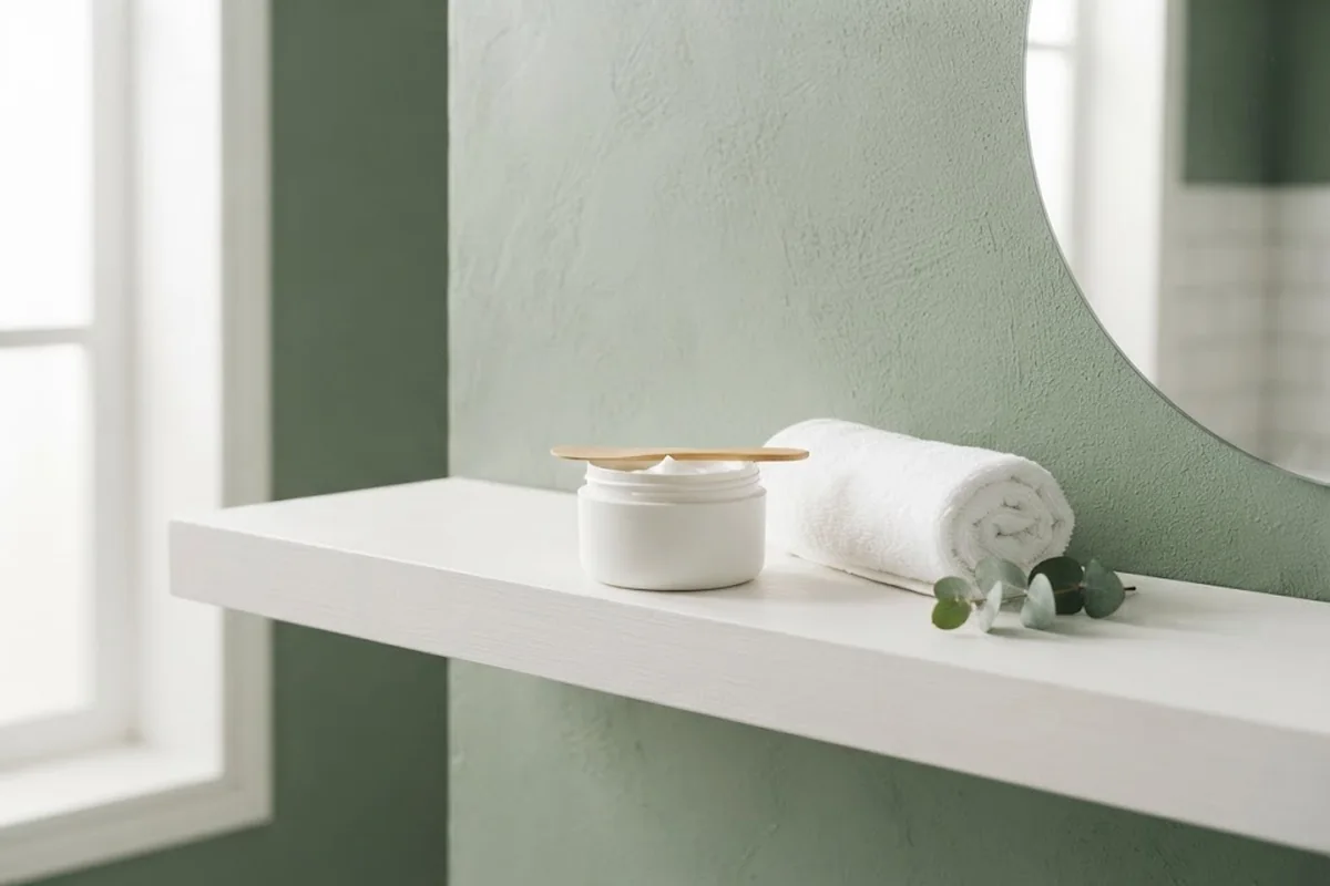 Open unlabeled moisturizer jar with a wooden spatula on a marble shelf next to a folded towel, Irvine CA