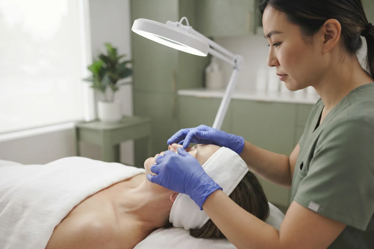 Esthetician examining oily, congested skin on a client cheek with a magnifying lamp in an Irvine CA studio