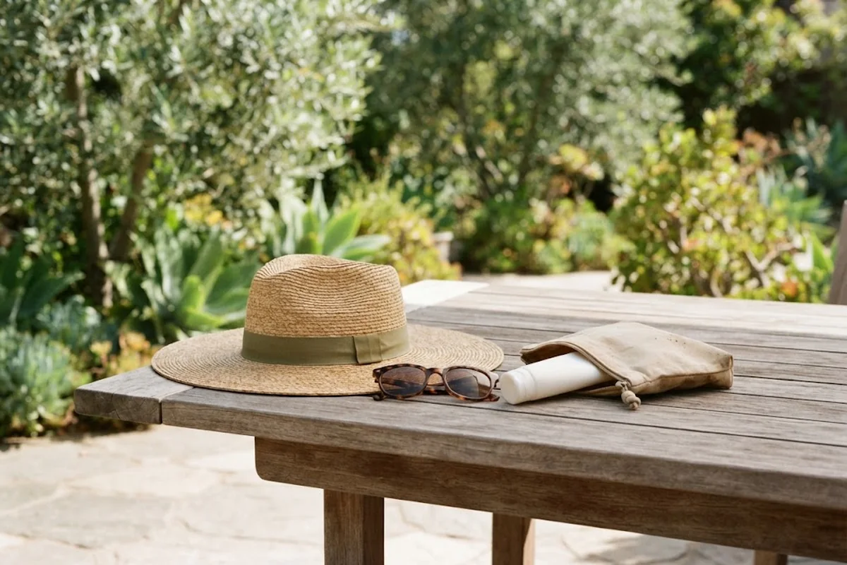 Sun hat, sunglasses and a travel sunscreen tube on a wooden patio table in Southern California